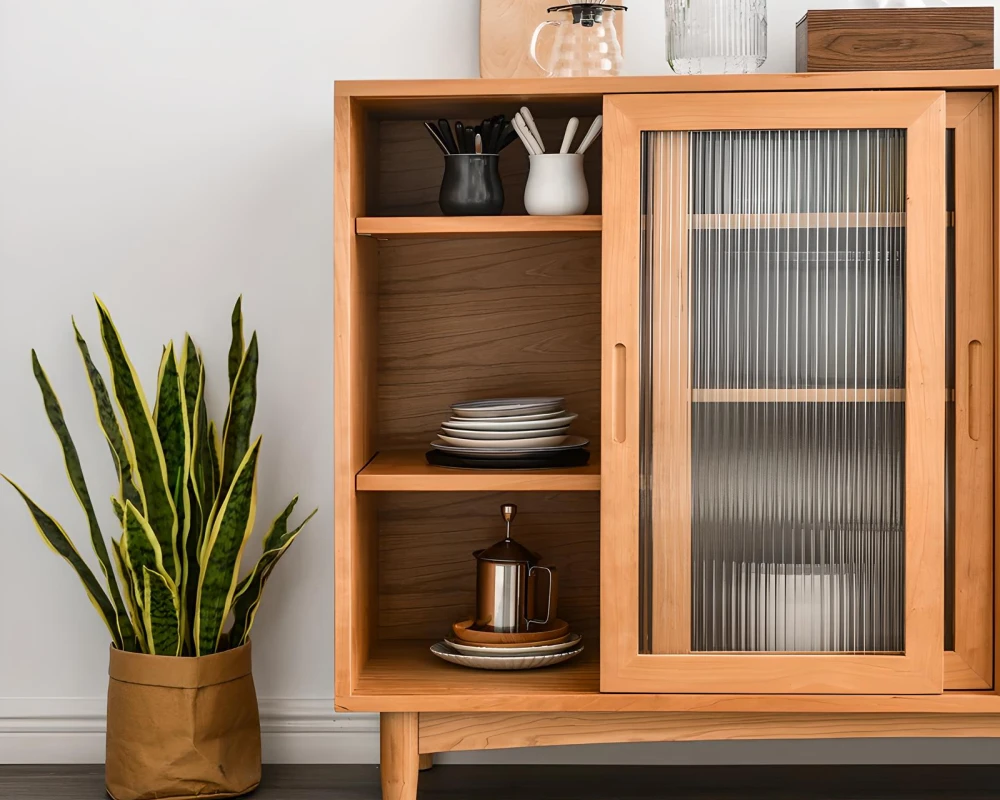 wooden sideboard with glass doors