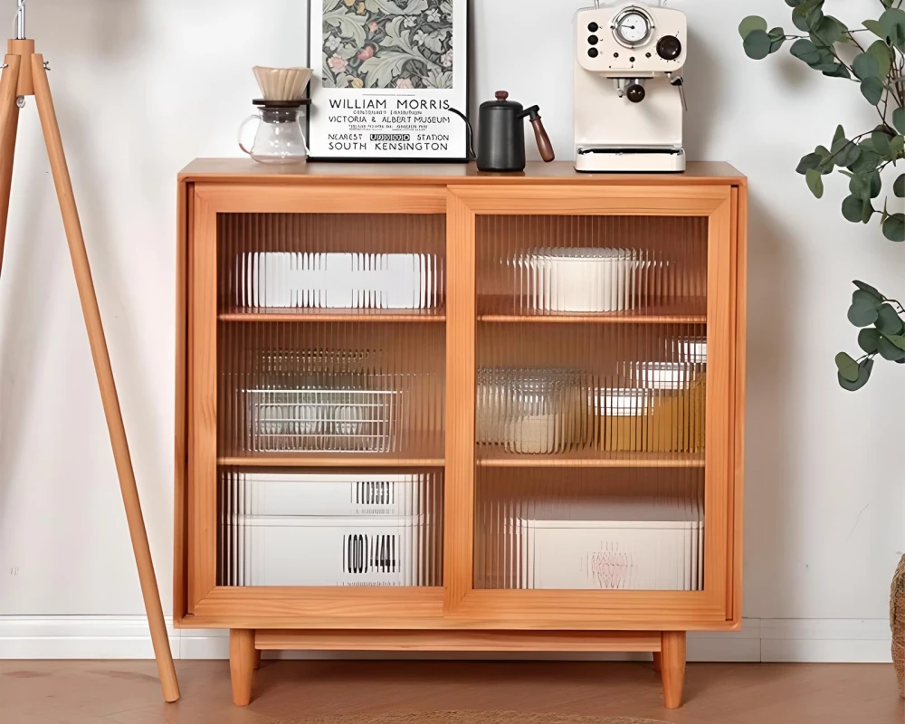 wooden sideboard with glass doors